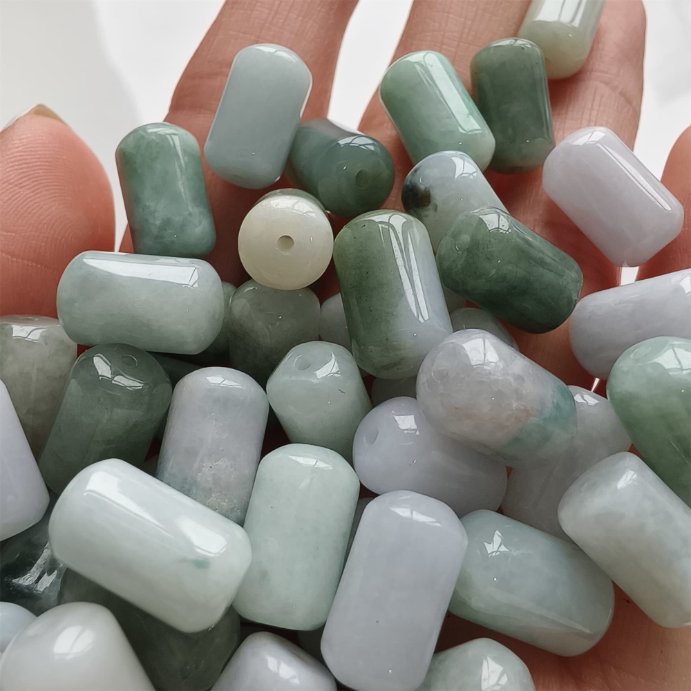 DDP | 20pcs 14X8mm Natural Type A Untreated Green White Burmese Jadeite Cylindrical Beads,Burmese Jadeite Barrel beads,DIY Jewelry Supplies