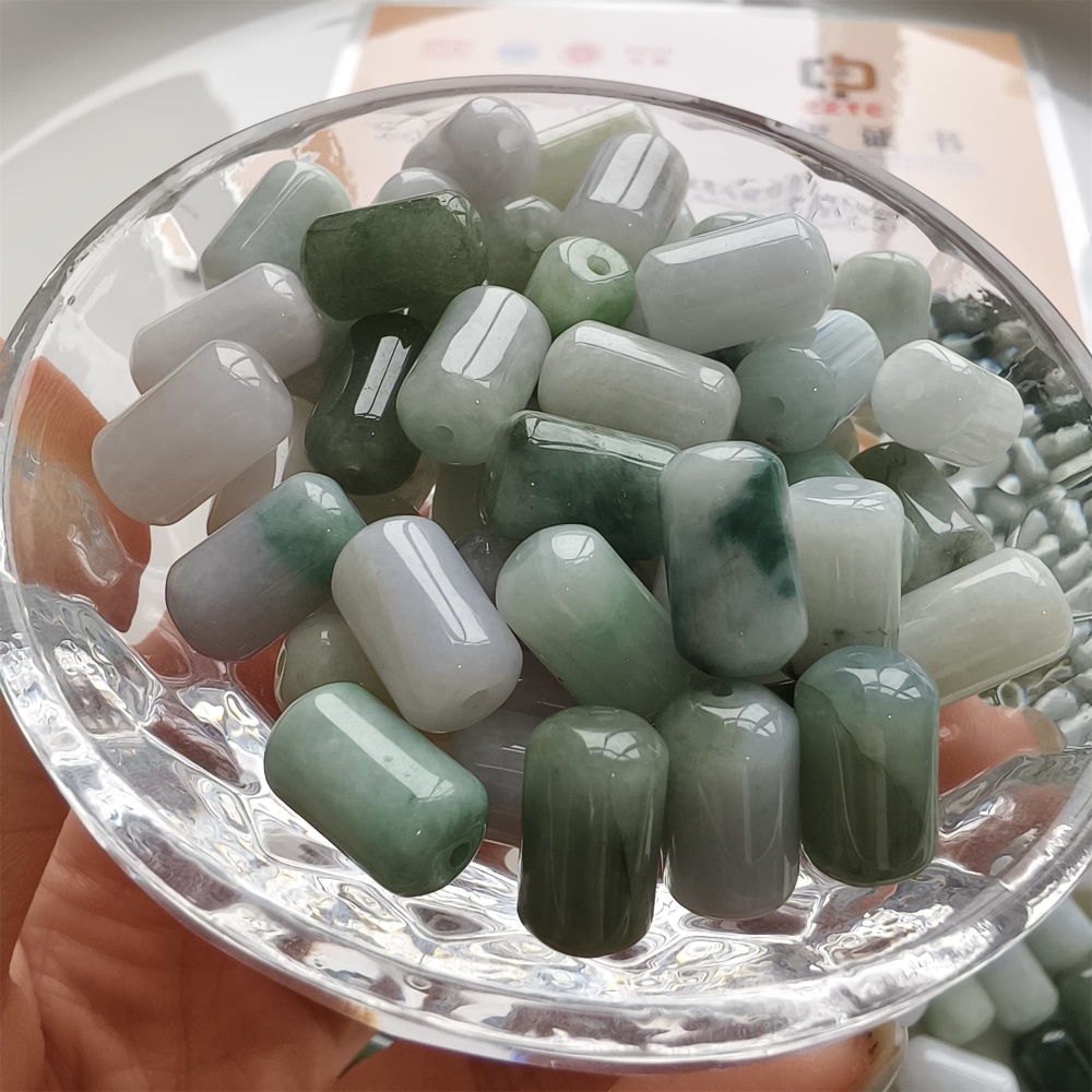 DDP | 20pcs 14X8mm Natural Type A Untreated Green White Burmese Jadeite Cylindrical Beads,Burmese Jadeite Barrel beads,DIY Jewelry Supplies