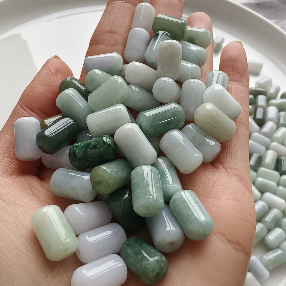 DDP | 20pcs 14X8mm Natural Type A Untreated Green White Burmese Jadeite Cylindrical Beads,Burmese Jadeite Barrel beads,DIY Jewelry Supplies
