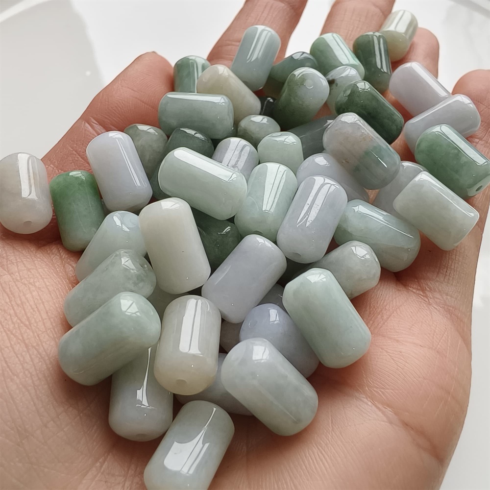 DDP | 20pcs 14X8mm Natural Type A Untreated Green White Burmese Jadeite Cylindrical Beads,Burmese Jadeite Barrel beads,DIY Jewelry Supplies