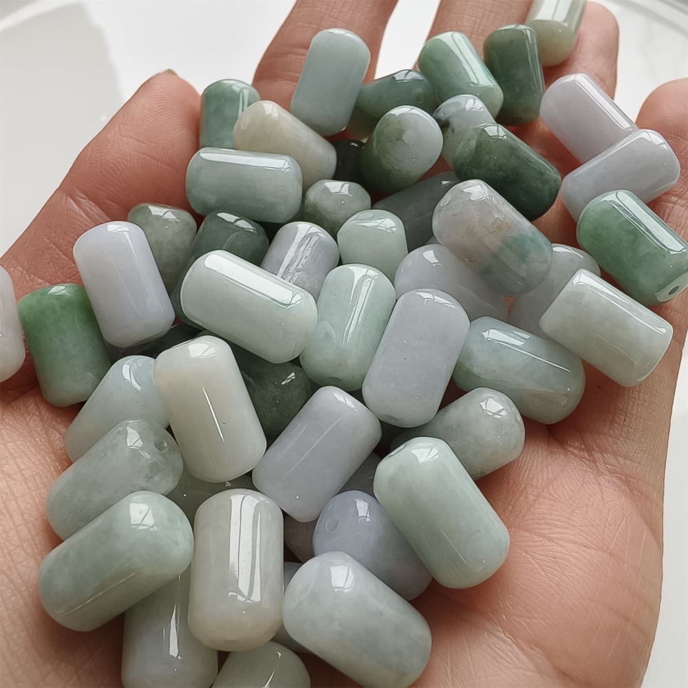 DDP | 20pcs 14X8mm Natural Type A Untreated Green White Burmese Jadeite Cylindrical Beads,Burmese Jadeite Barrel beads,DIY Jewelry Supplies