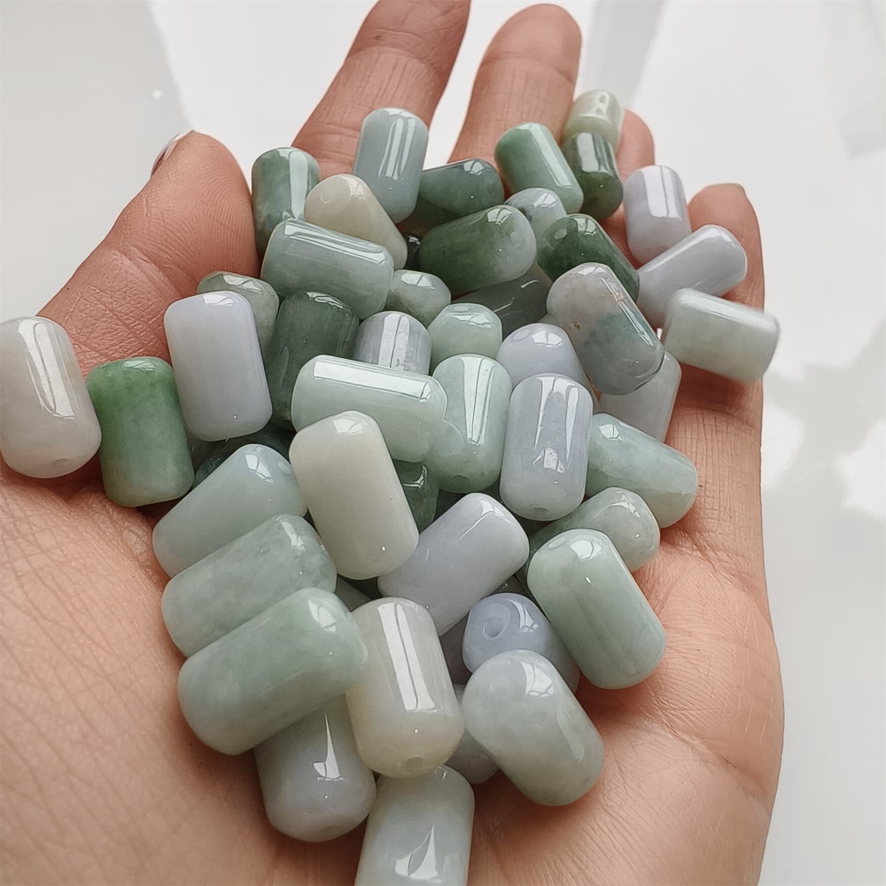 DDP | 20pcs 14X8mm Natural Type A Untreated Green White Burmese Jadeite Cylindrical Beads,Burmese Jadeite Barrel beads,DIY Jewelry Supplies