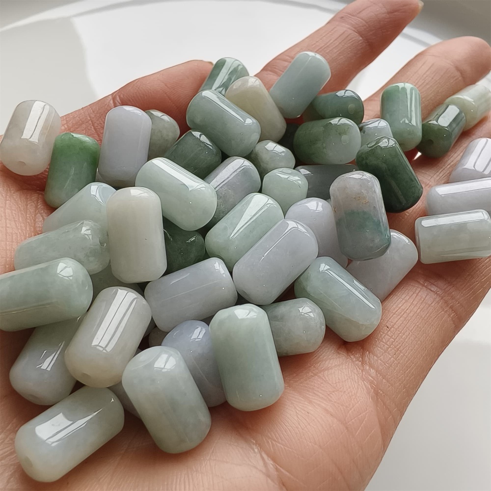 DDP | 20pcs 14X8mm Natural Type A Untreated Green White Burmese Jadeite Cylindrical Beads,Burmese Jadeite Barrel beads,DIY Jewelry Supplies