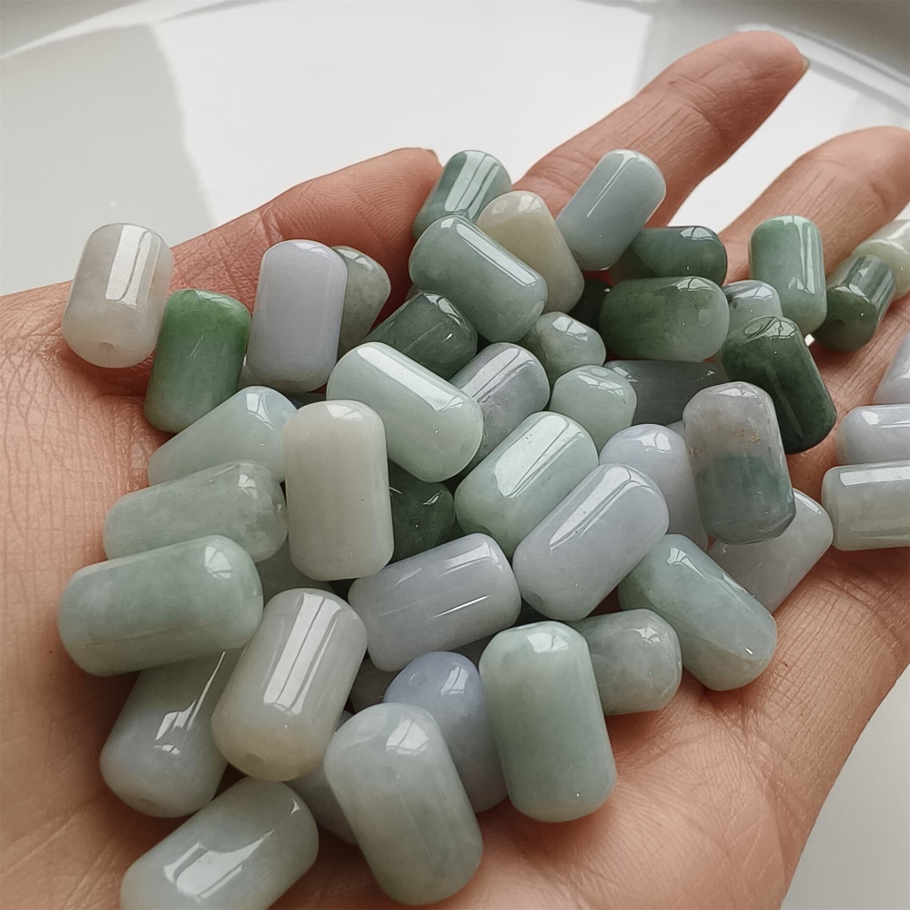 DDP | 20pcs 14X8mm Natural Type A Untreated Green White Burmese Jadeite Cylindrical Beads,Burmese Jadeite Barrel beads,DIY Jewelry Supplies