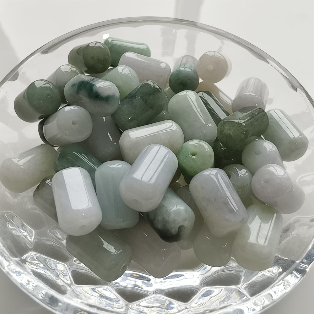 DDP | 20pcs 14X8mm Natural Type A Untreated Green White Burmese Jadeite Cylindrical Beads,Burmese Jadeite Barrel beads,DIY Jewelry Supplies