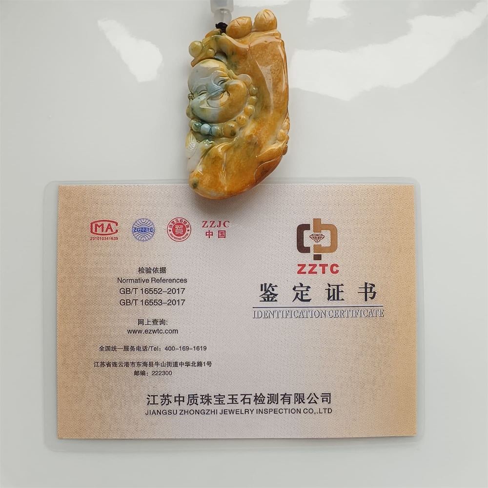DDP | 64X35X12mm Unique Certificated Natural Hand Carved Yellow Color Heated Burmese Jadeite Buddha Pendant,Amulet Pendant,DIY Jewelry Supplies