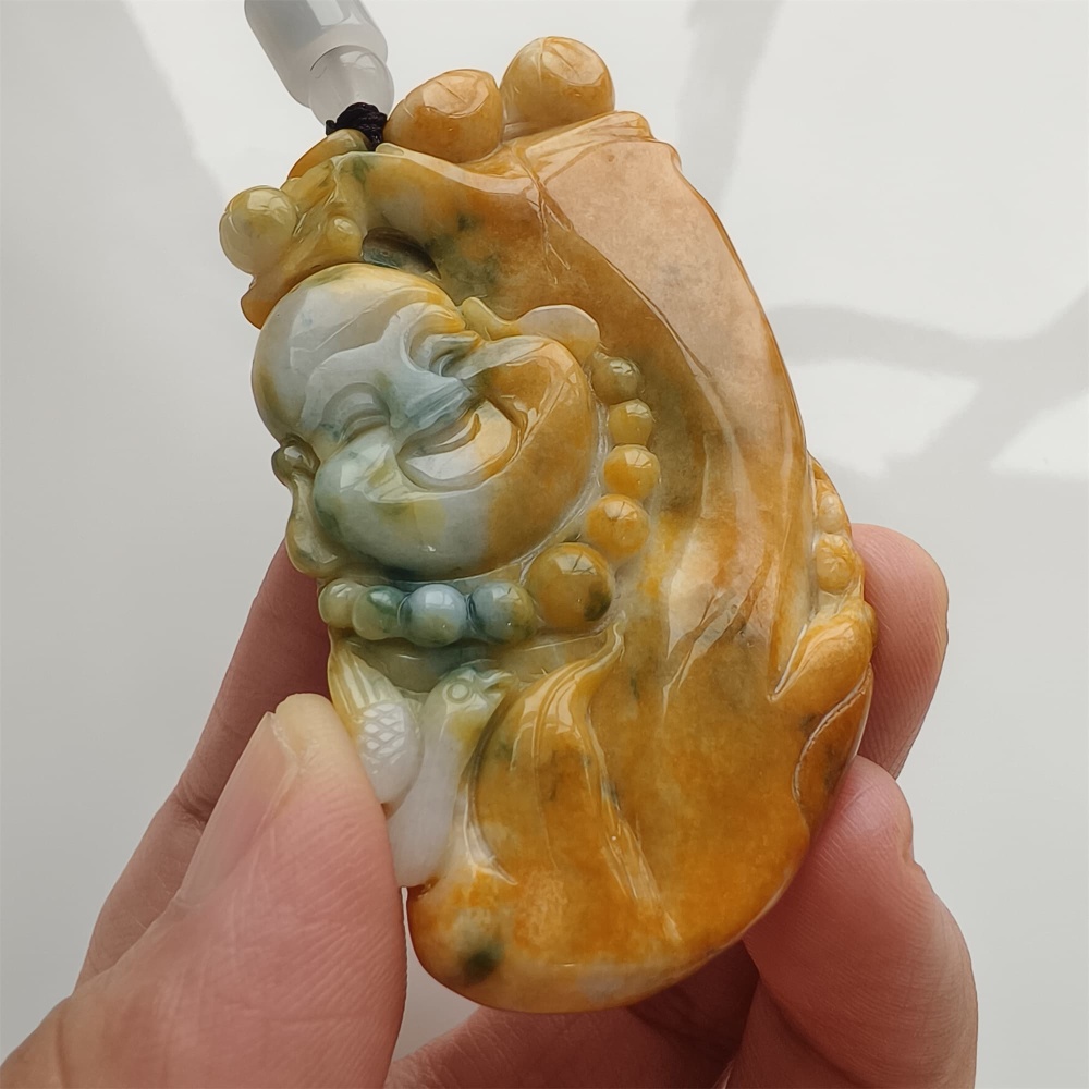 DDP | 64X35X12mm Unique Certificated Natural Hand Carved Yellow Color Heated Burmese Jadeite Buddha Pendant,Amulet Pendant,DIY Jewelry Supplies