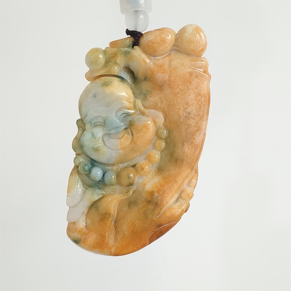 DDP | 64X35X12mm Unique Certificated Natural Hand Carved Yellow Color Heated Burmese Jadeite Buddha Pendant,Amulet Pendant,DIY Jewelry Supplies