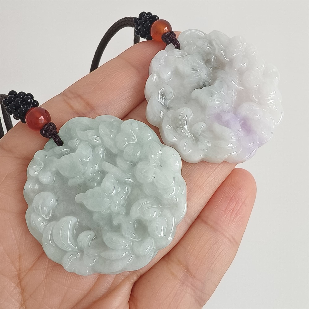 DDP | 39X38.5X6mm Natural Certificated Type A Icy White Light Lavender Burmese Jadeite Round Pendant With Flowers Carved,Flowers Pendant,DIY Jewelry Supplies