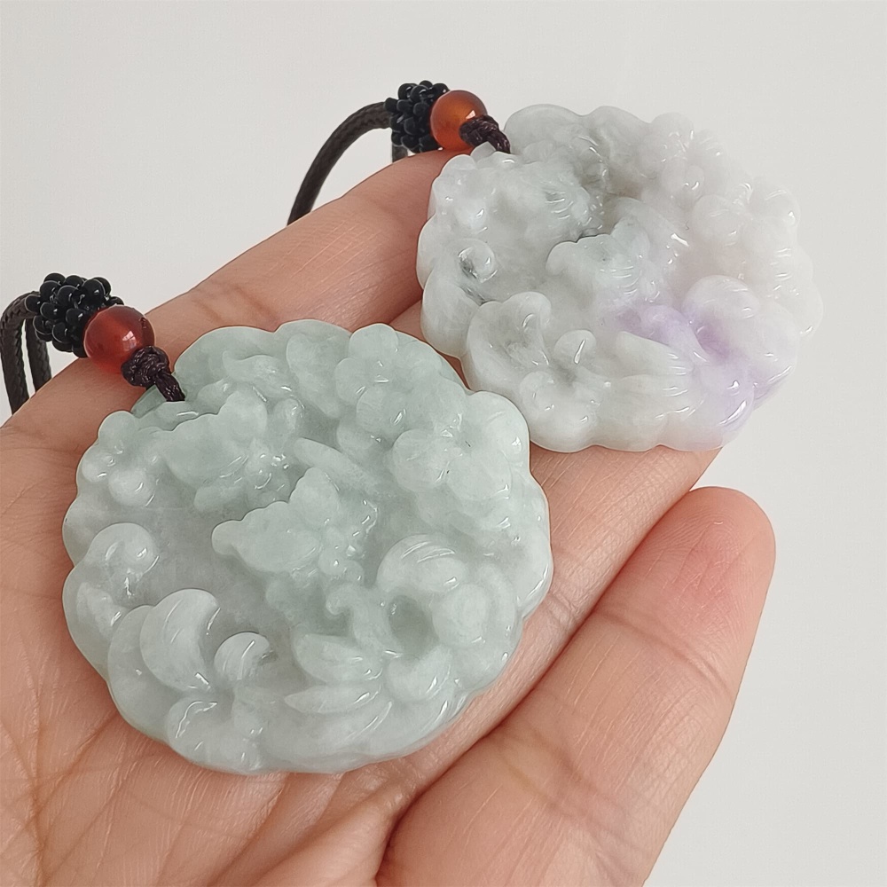 DDP | 39X38.5X6mm Natural Certificated Type A Icy White Light Lavender Burmese Jadeite Round Pendant With Flowers Carved,Flowers Pendant,DIY Jewelry Supplies