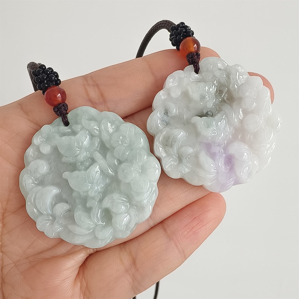 DDP | 39X38.5X6mm Natural Certificated Type A Icy White Light Lavender Burmese Jadeite Round Pendant With Flowers Carved,Flowers Pendant,DIY Jewelry Supplies