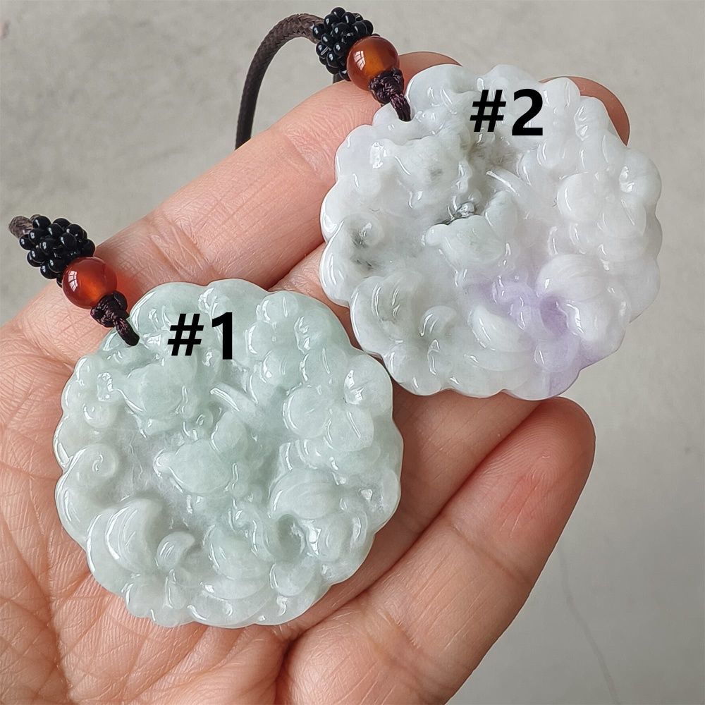 DDP | 39X38.5X6mm Natural Certificated Type A Icy White Light Lavender Burmese Jadeite Round Pendant With Flowers Carved,Flowers Pendant,DIY Jewelry Supplies