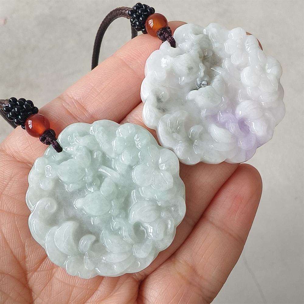 DDP | 39X38.5X6mm Natural Certificated Type A Icy White Light Lavender Burmese Jadeite Round Pendant With Flowers Carved,Flowers Pendant,DIY Jewelry Supplies