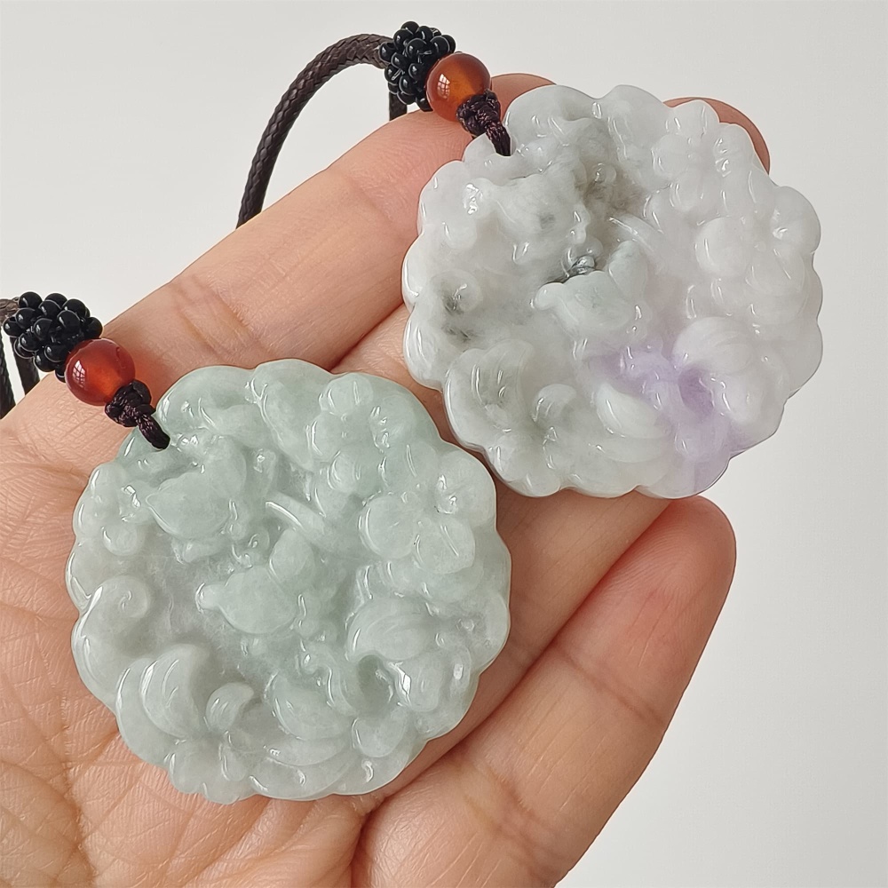 DDP | 39X38.5X6mm Natural Certificated Type A Icy White Light Lavender Burmese Jadeite Round Pendant With Flowers Carved,Flowers Pendant,DIY Jewelry Supplies