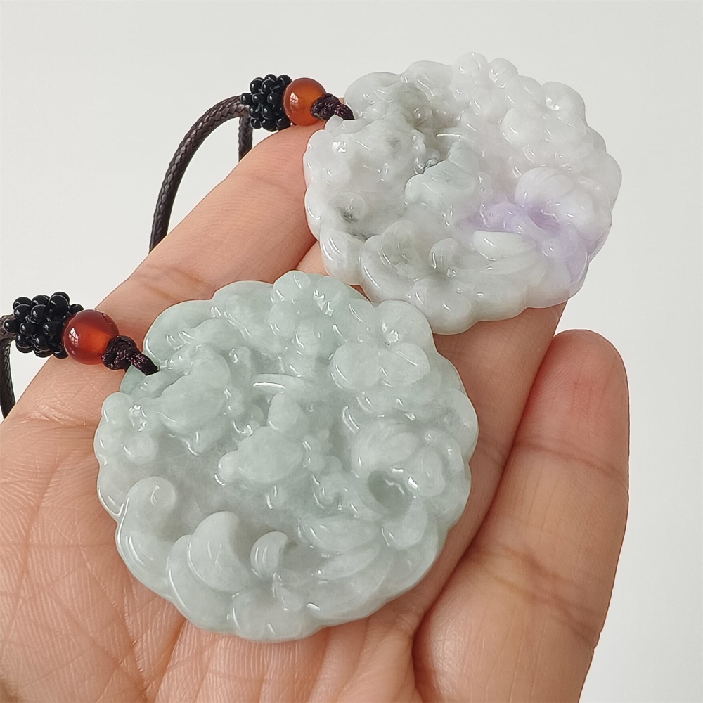 DDP | 39X38.5X6mm Natural Certificated Type A Icy White Light Lavender Burmese Jadeite Round Pendant With Flowers Carved,Flowers Pendant,DIY Jewelry Supplies