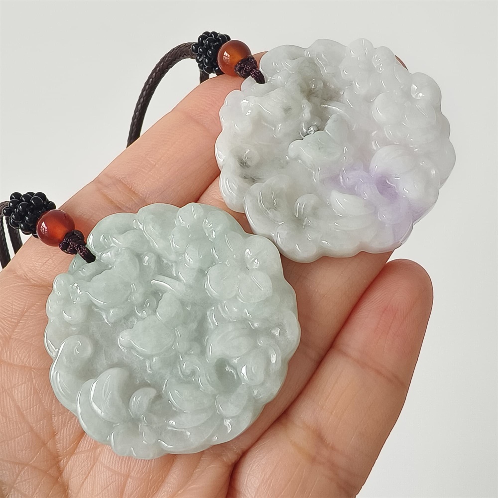 DDP | 39X38.5X6mm Natural Certificated Type A Icy White Light Lavender Burmese Jadeite Round Pendant With Flowers Carved,Flowers Pendant,DIY Jewelry Supplies