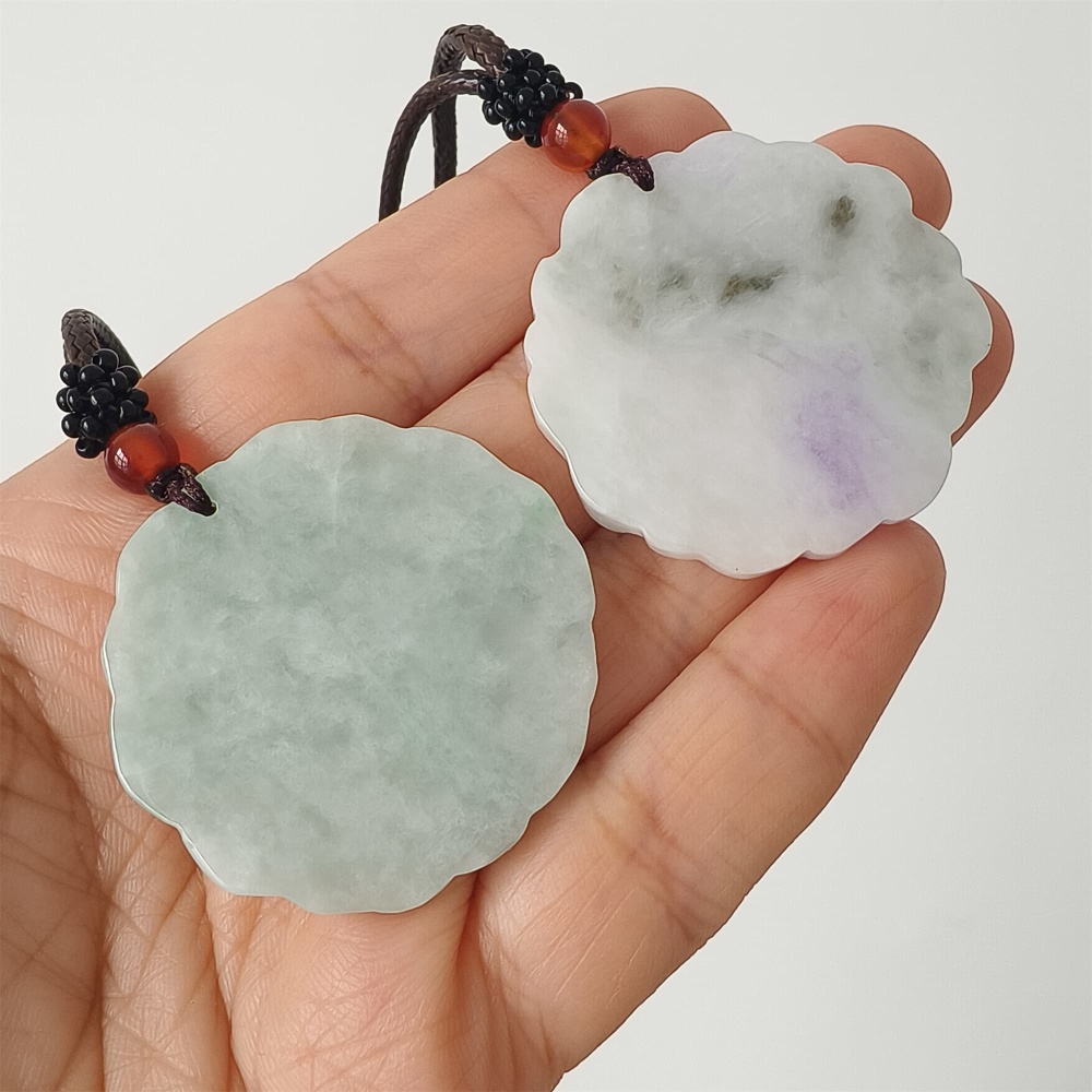 DDP | 39X38.5X6mm Natural Certificated Type A Icy White Light Lavender Burmese Jadeite Round Pendant With Flowers Carved,Flowers Pendant,DIY Jewelry Supplies