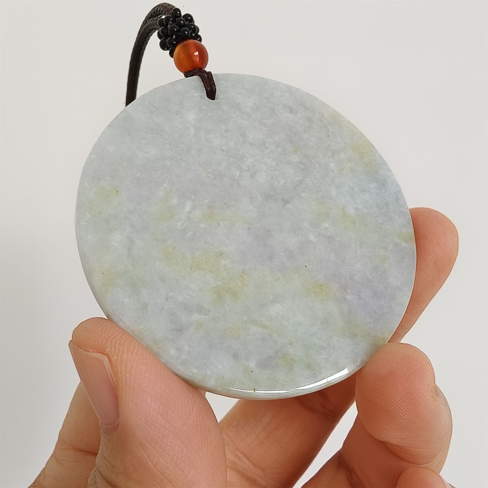 DDP | 54.3X5mm Natural Certificated Type A Light Green Yellow And Light Lavender Burmese Jadeite Round Pendant,平安无事,DIY Jewelry Supplies