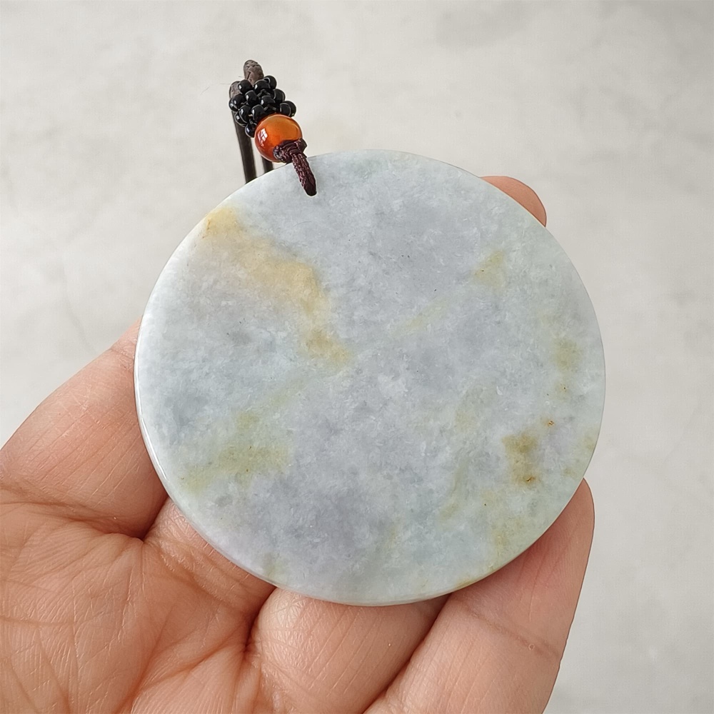 DDP | 54.3X5mm Natural Certificated Type A Light Green Yellow And Light Lavender Burmese Jadeite Round Pendant,平安无事,DIY Jewelry Supplies