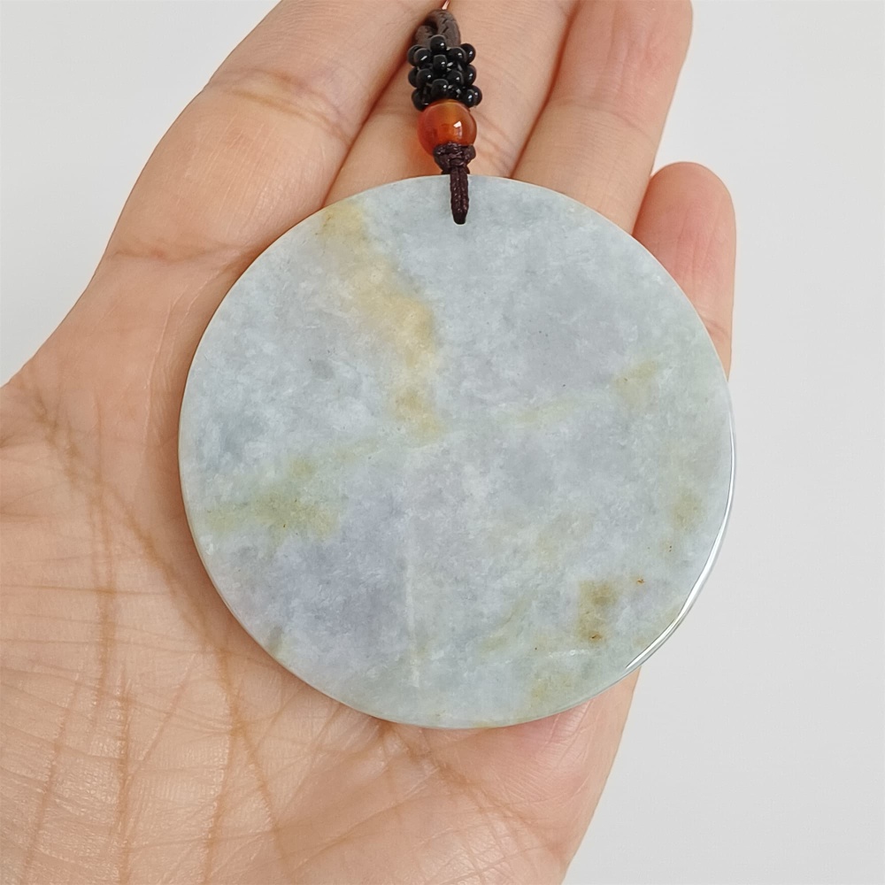 DDP | 54.3X5mm Natural Certificated Type A Light Green Yellow And Light Lavender Burmese Jadeite Round Pendant,平安无事,DIY Jewelry Supplies