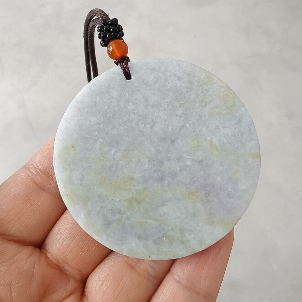 DDP | 54.3X5mm Natural Certificated Type A Light Green Yellow And Light Lavender Burmese Jadeite Round Pendant,平安无事,DIY Jewelry Supplies