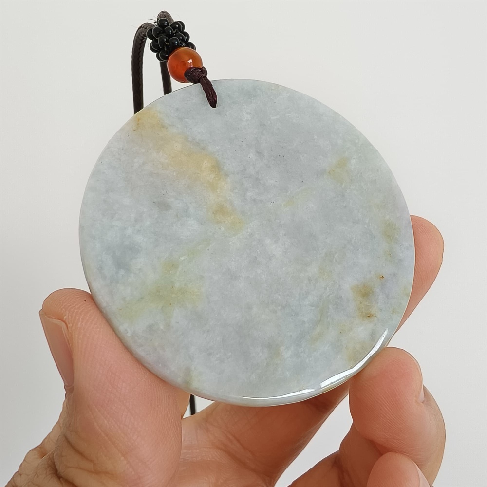 DDP | 54.3X5mm Natural Certificated Type A Light Green Yellow And Light Lavender Burmese Jadeite Round Pendant,平安无事,DIY Jewelry Supplies