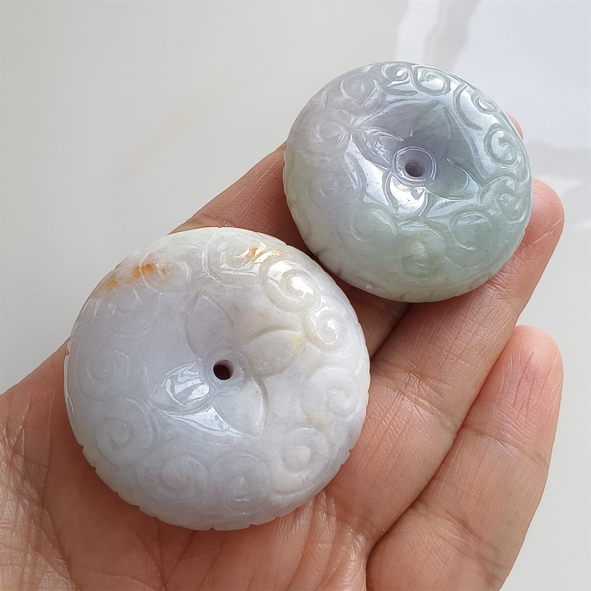 DDP | 1pc Natural Certificated Type A Icy Waxy Light Green Lavender Burmese Jadeite Safety Buckle Pendant With Flowers Carved,Amulet Pendant