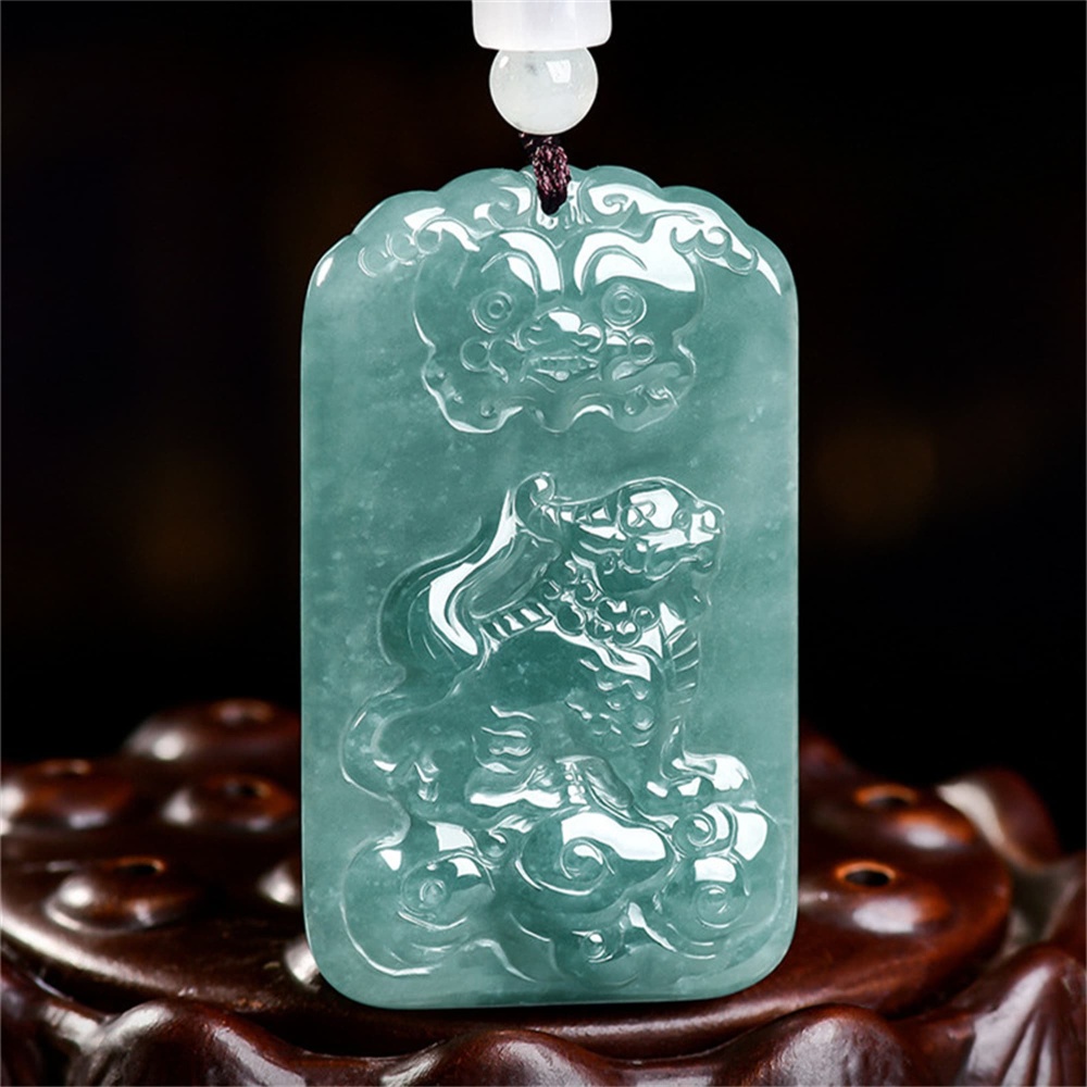 DDP | 50X30X5mm Natural Certificated Type A Untreated Icy Waxy Blue Watery Guatemalan Jadeite Rectangle Pendant With Pixiu Carved,Amulet Pendant,DIY Jewelry Supplies