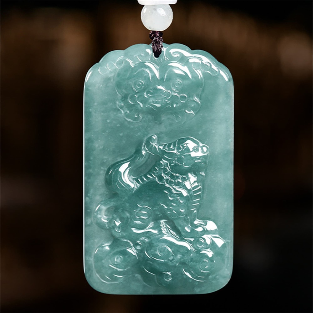 DDP | 50X30X5mm Natural Certificated Type A Untreated Icy Waxy Blue Watery Guatemalan Jadeite Rectangle Pendant With Pixiu Carved,Amulet Pendant,DIY Jewelry Supplies