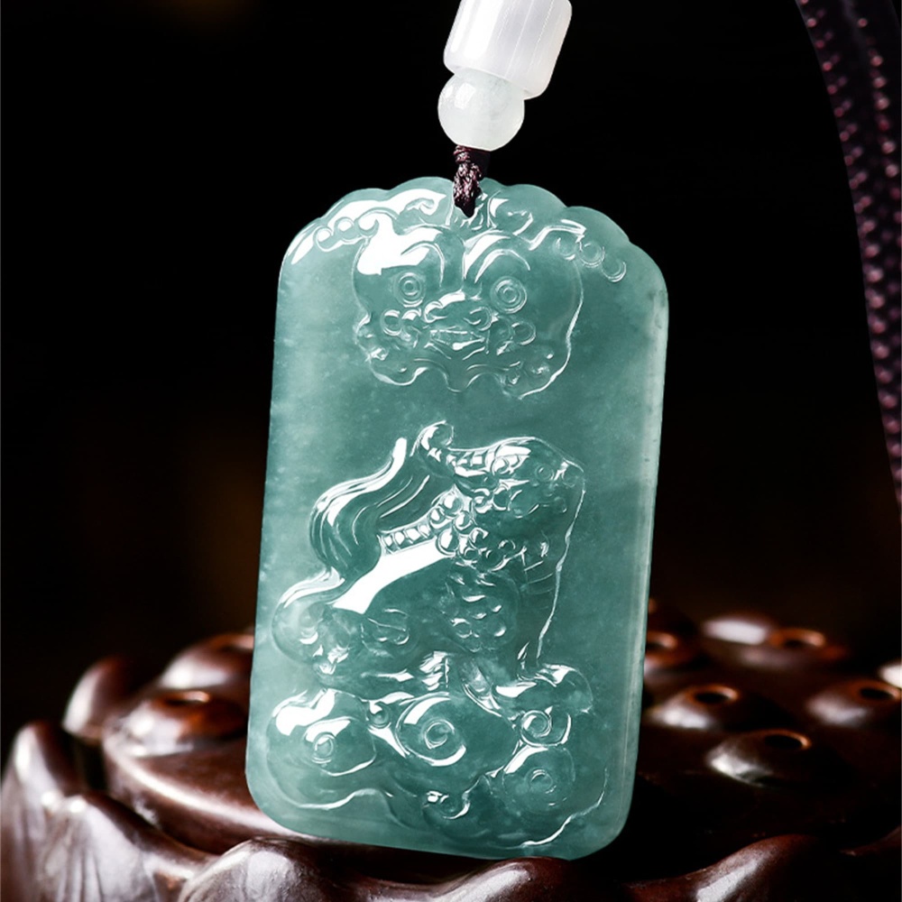 DDP | 50X30X5mm Natural Certificated Type A Untreated Icy Waxy Blue Watery Guatemalan Jadeite Rectangle Pendant With Pixiu Carved,Amulet Pendant,DIY Jewelry Supplies