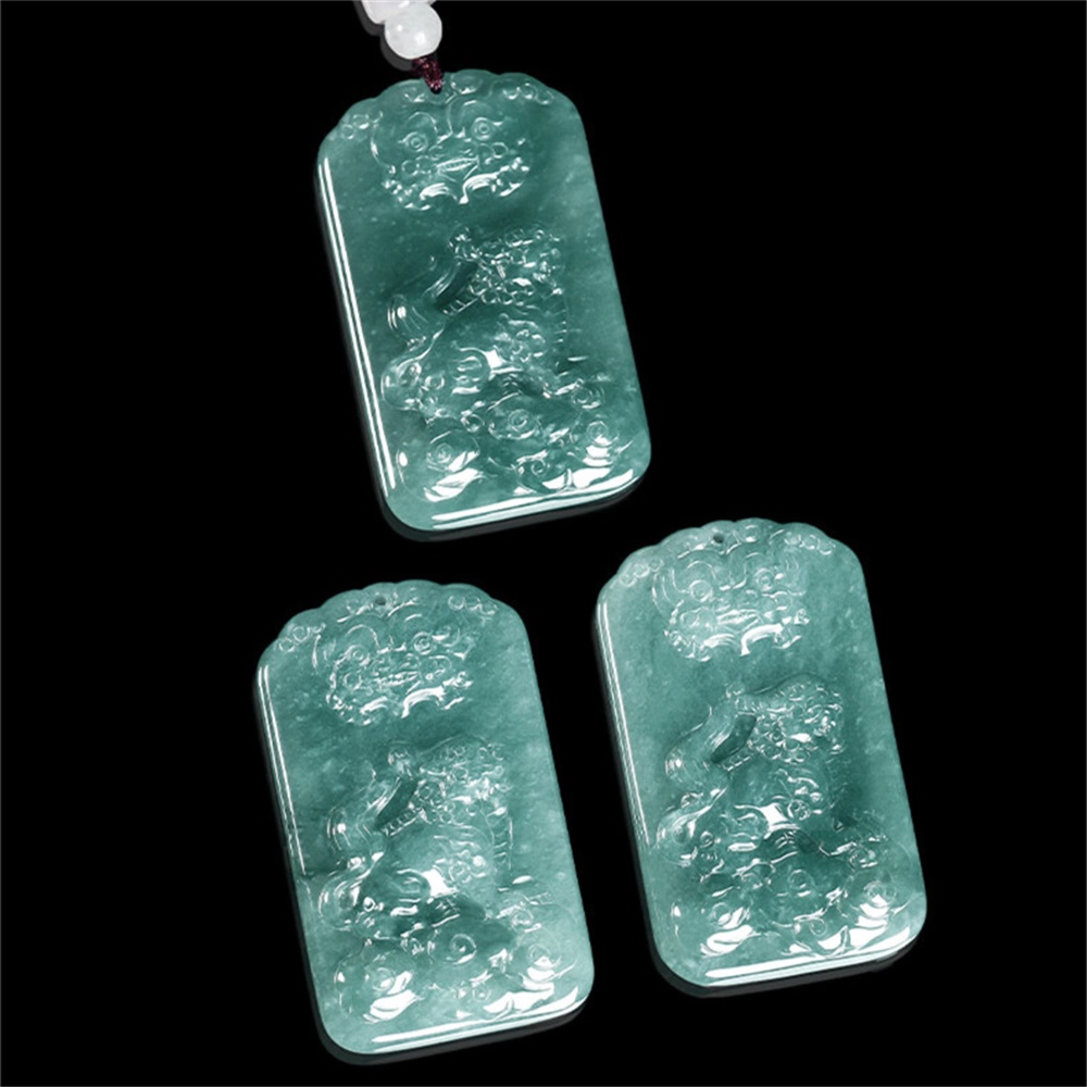 DDP | 50X30X5mm Natural Certificated Type A Untreated Icy Waxy Blue Watery Guatemalan Jadeite Rectangle Pendant With Pixiu Carved,Amulet Pendant,DIY Jewelry Supplies