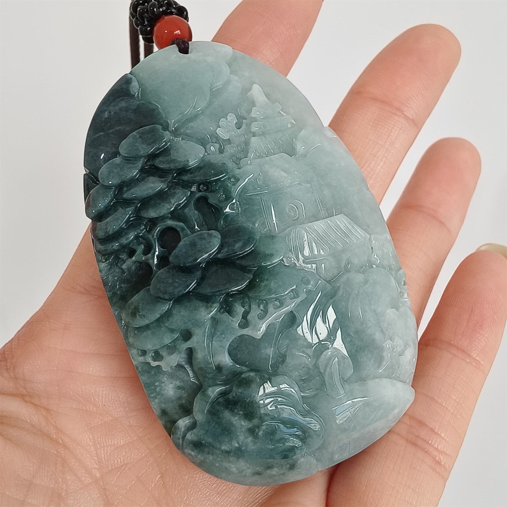 DDP | 62.8X40.9X14mm Natural Certificated Type A Icy Blue Burmese Jadeite Oval Pendant With Landscape Carved,DIY Jewelry Supplies