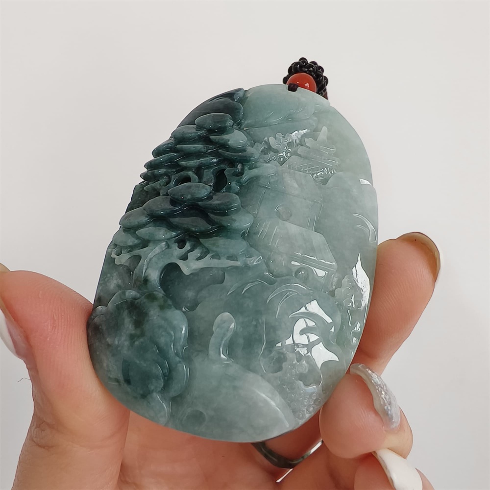 DDP | 62.8X40.9X14mm Natural Certificated Type A Icy Blue Burmese Jadeite Oval Pendant With Landscape Carved,DIY Jewelry Supplies