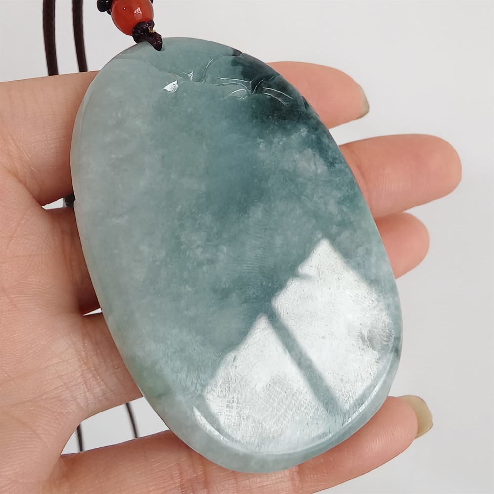 DDP | 62.8X40.9X14mm Natural Certificated Type A Icy Blue Burmese Jadeite Oval Pendant With Landscape Carved,DIY Jewelry Supplies