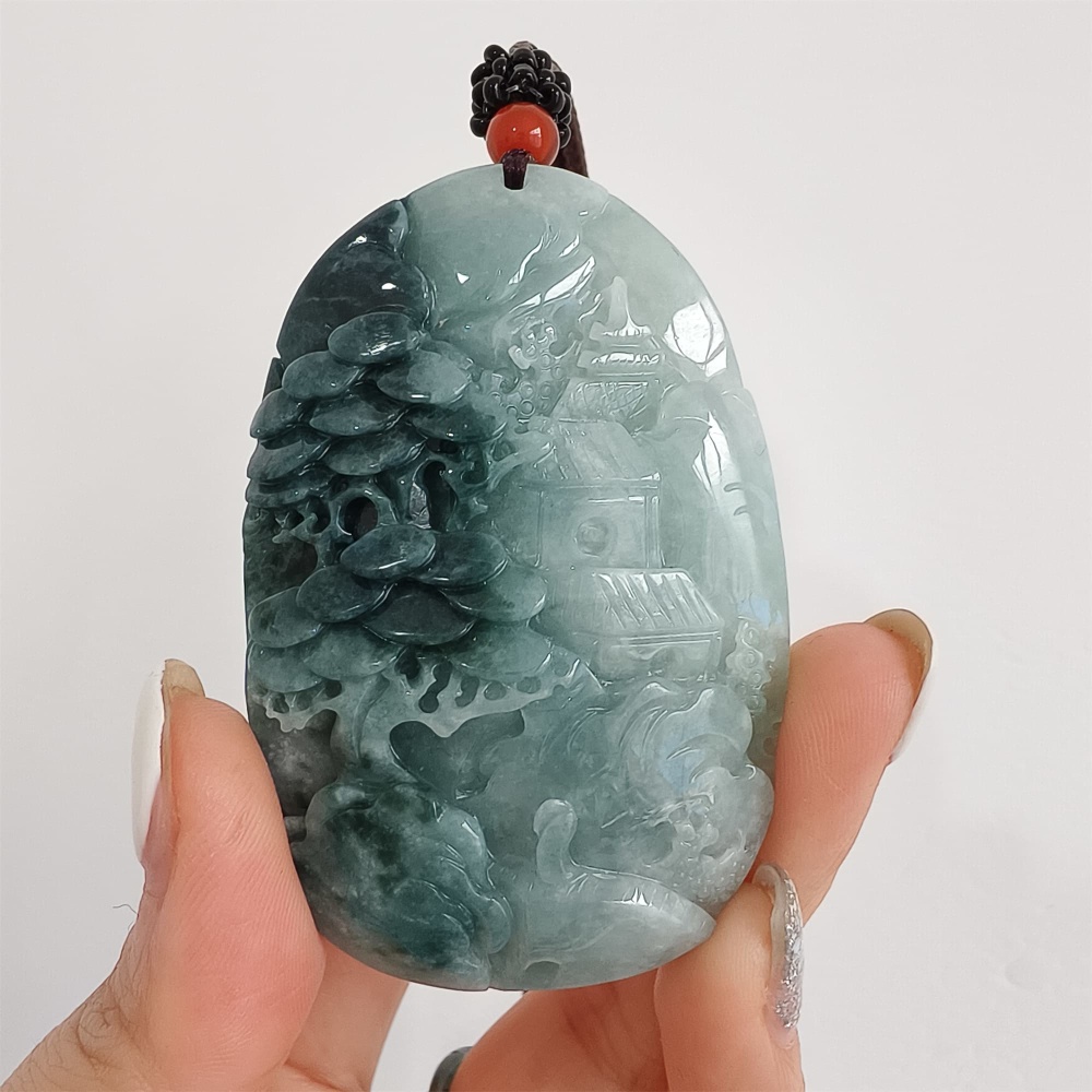 DDP | 62.8X40.9X14mm Natural Certificated Type A Icy Blue Burmese Jadeite Oval Pendant With Landscape Carved,DIY Jewelry Supplies