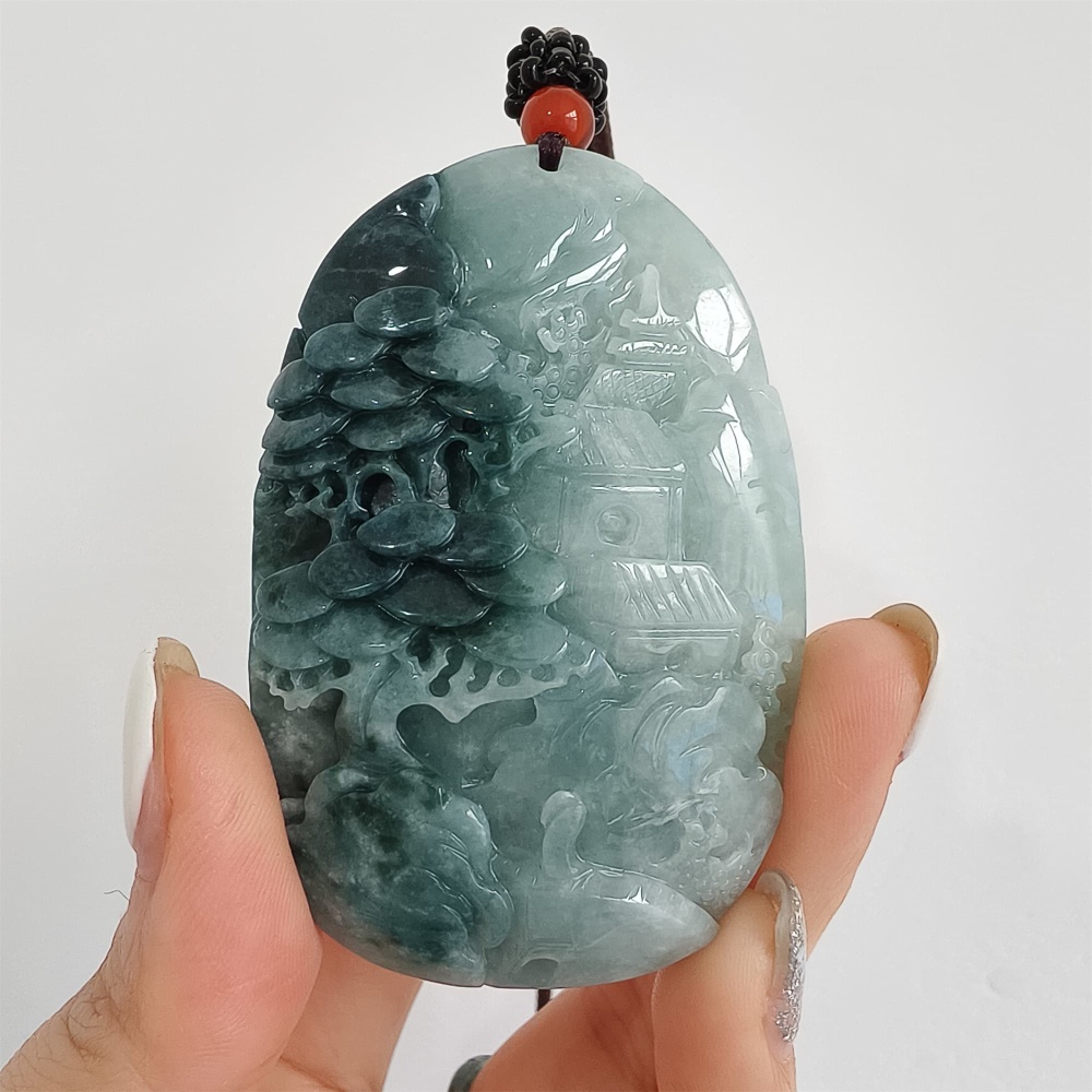 DDP | 62.8X40.9X14mm Natural Certificated Type A Icy Blue Burmese Jadeite Oval Pendant With Landscape Carved,DIY Jewelry Supplies