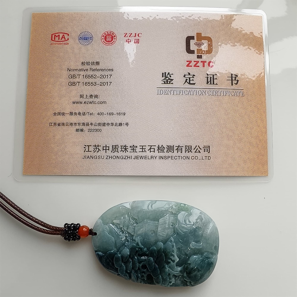 DDP | 62.8X40.9X14mm Natural Certificated Type A Icy Blue Burmese Jadeite Oval Pendant With Landscape Carved,DIY Jewelry Supplies