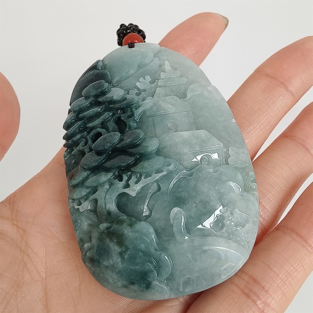 DDP | 62.8X40.9X14mm Natural Certificated Type A Icy Blue Burmese Jadeite Oval Pendant With Landscape Carved,DIY Jewelry Supplies