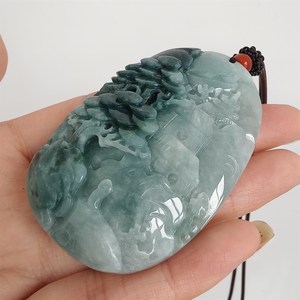 DDP | 62.8X40.9X14mm Natural Certificated Type A Icy Blue Burmese Jadeite Oval Pendant With Landscape Carved,DIY Jewelry Supplies