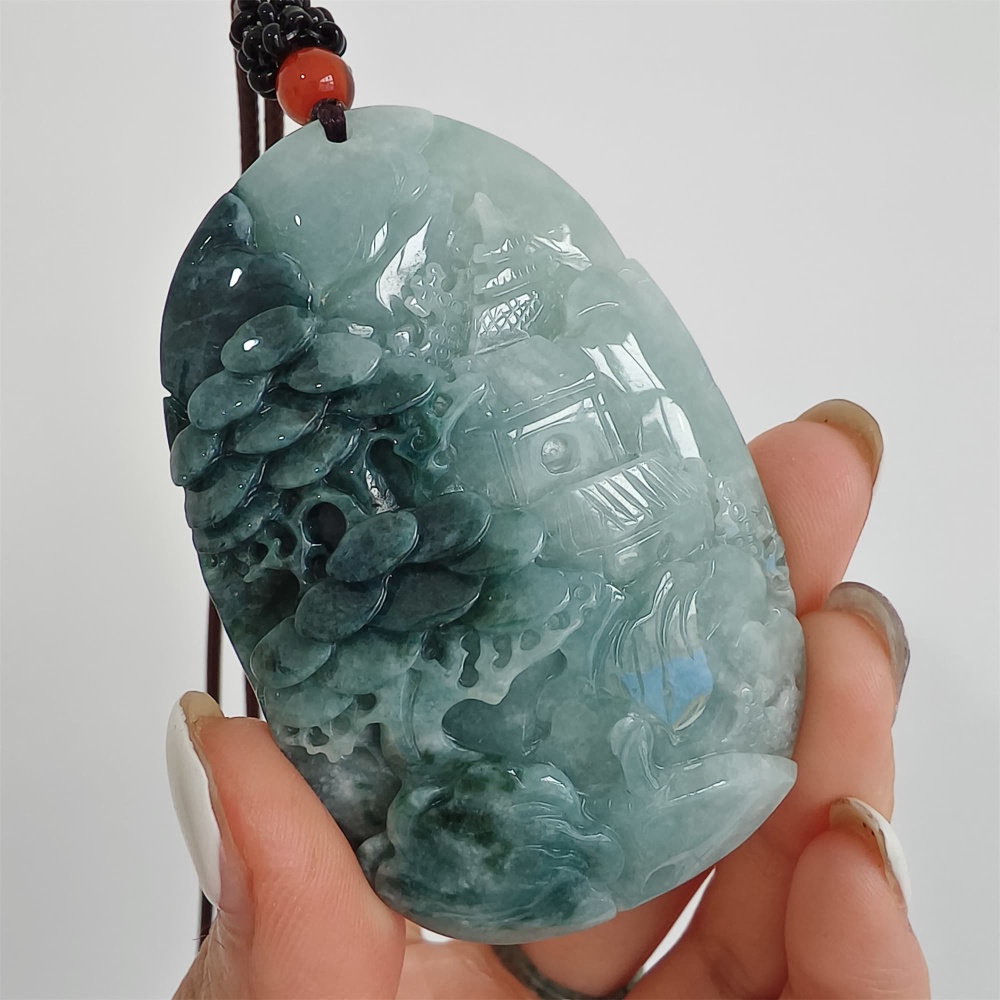 DDP | 62.8X40.9X14mm Natural Certificated Type A Icy Blue Burmese Jadeite Oval Pendant With Landscape Carved,DIY Jewelry Supplies