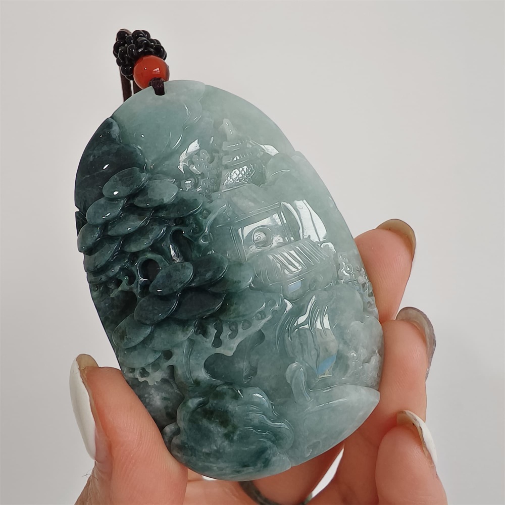 DDP | 62.8X40.9X14mm Natural Certificated Type A Icy Blue Burmese Jadeite Oval Pendant With Landscape Carved,DIY Jewelry Supplies