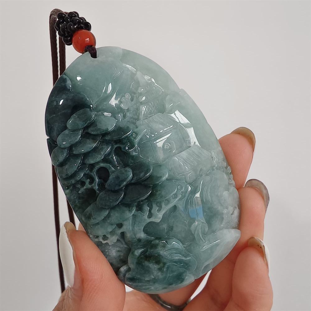 DDP | 62.8X40.9X14mm Natural Certificated Type A Icy Blue Burmese Jadeite Oval Pendant With Landscape Carved,DIY Jewelry Supplies