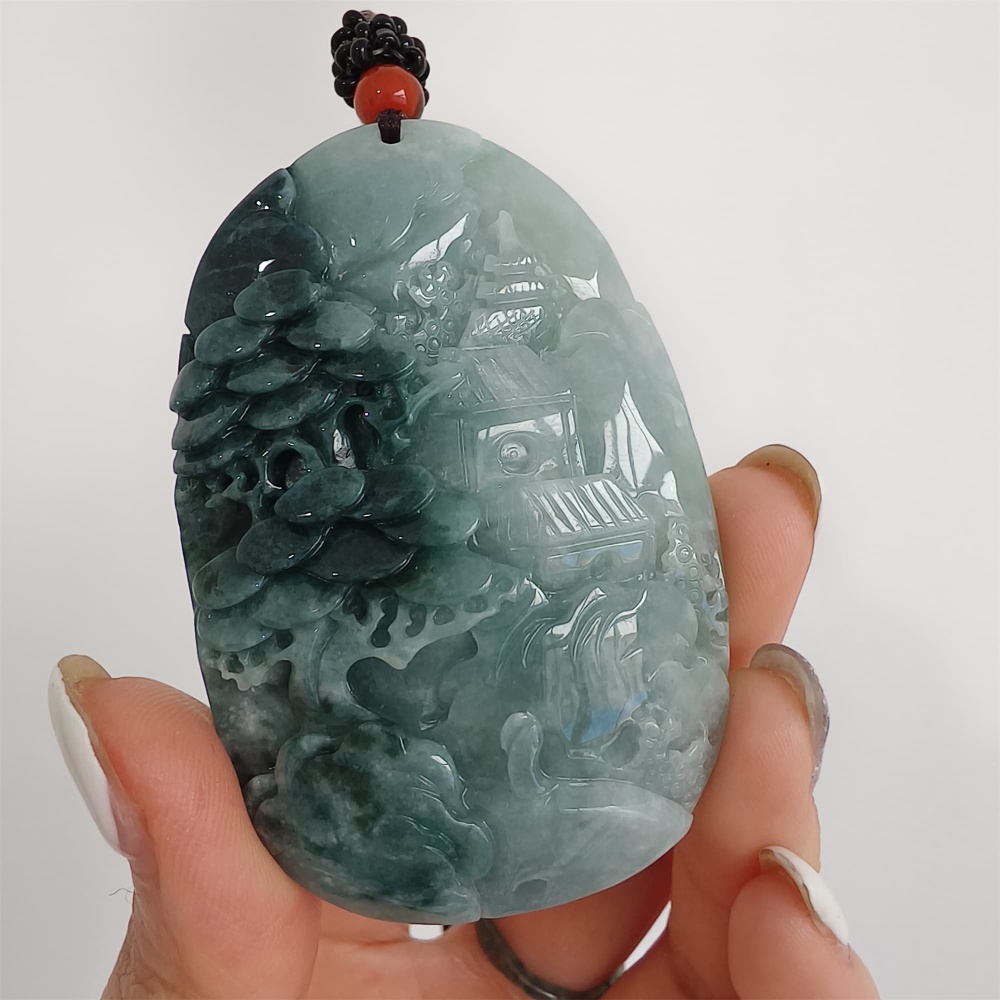 DDP | 62.8X40.9X14mm Natural Certificated Type A Icy Blue Burmese Jadeite Oval Pendant With Landscape Carved,DIY Jewelry Supplies