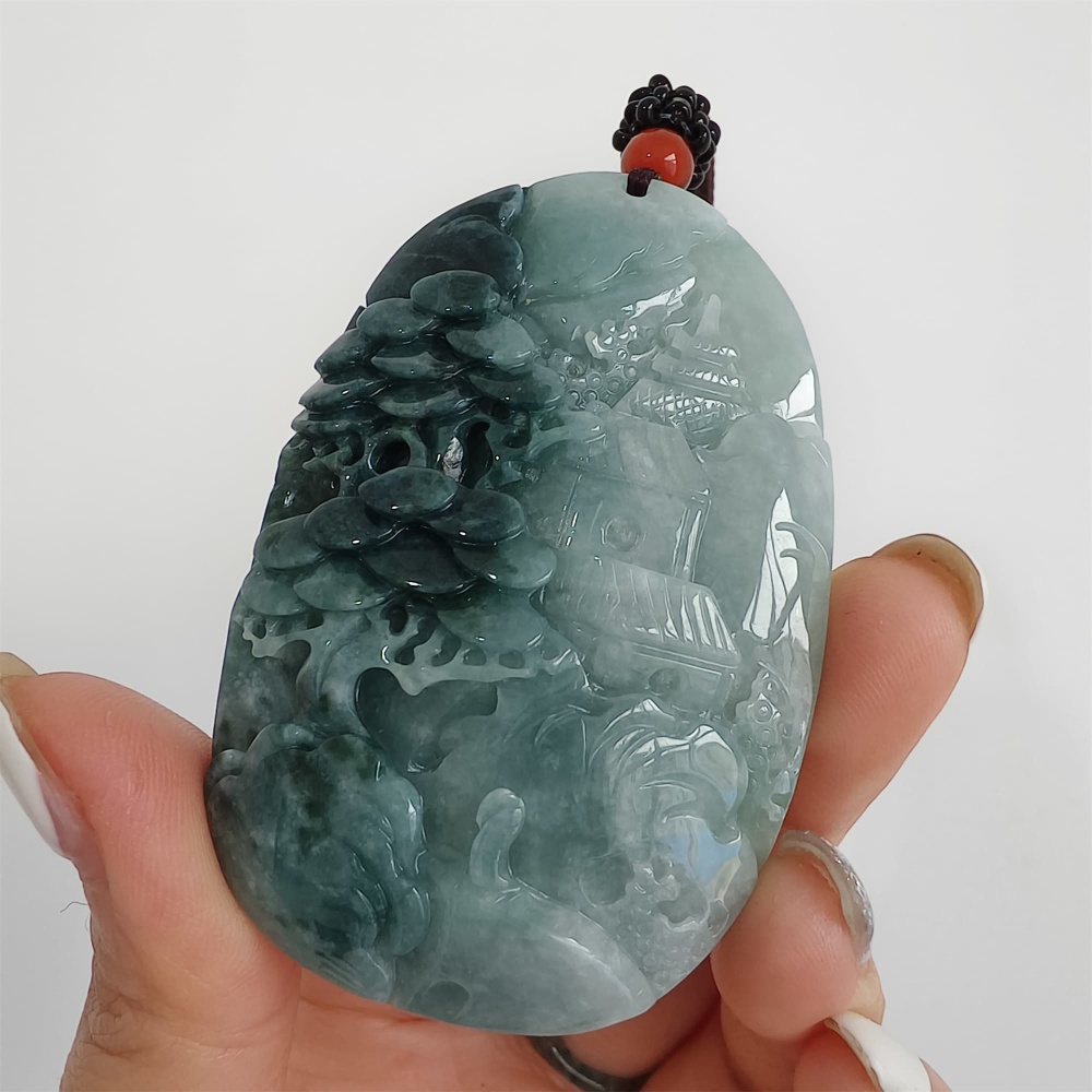 DDP | 62.8X40.9X14mm Natural Certificated Type A Icy Blue Burmese Jadeite Oval Pendant With Landscape Carved,DIY Jewelry Supplies