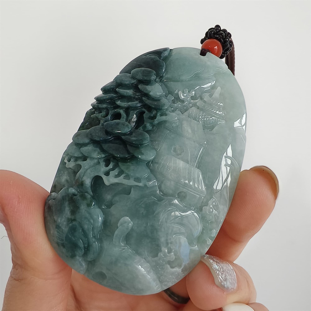 DDP | 62.8X40.9X14mm Natural Certificated Type A Icy Blue Burmese Jadeite Oval Pendant With Landscape Carved,DIY Jewelry Supplies
