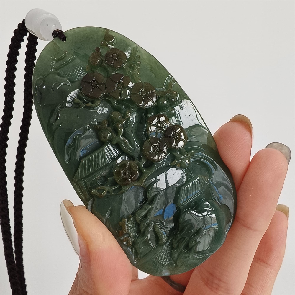 DDP | 75.5X42.6X9mm Natural Certificated Type A Icy Dark Green Burmese Jadeite Oval Pendant With Landscape Carved,DIY Jewelry Supplies
