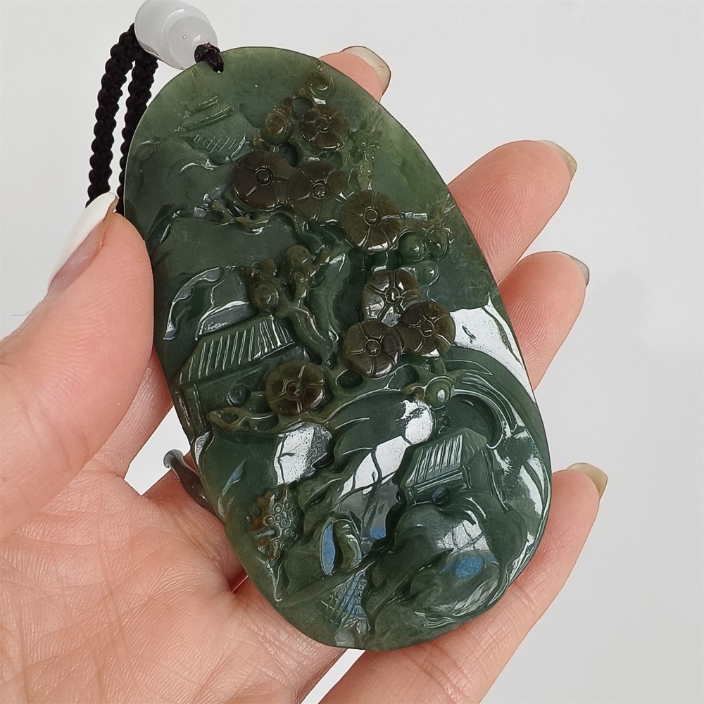 DDP | 75.5X42.6X9mm Natural Certificated Type A Icy Dark Green Burmese Jadeite Oval Pendant With Landscape Carved,DIY Jewelry Supplies