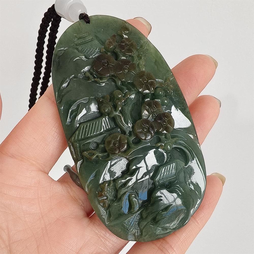 DDP | 75.5X42.6X9mm Natural Certificated Type A Icy Dark Green Burmese Jadeite Oval Pendant With Landscape Carved,DIY Jewelry Supplies