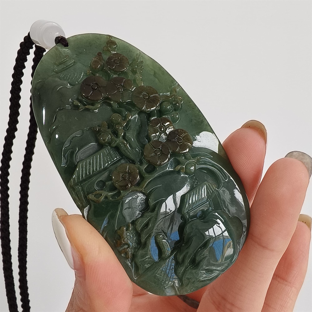 DDP | 75.5X42.6X9mm Natural Certificated Type A Icy Dark Green Burmese Jadeite Oval Pendant With Landscape Carved,DIY Jewelry Supplies