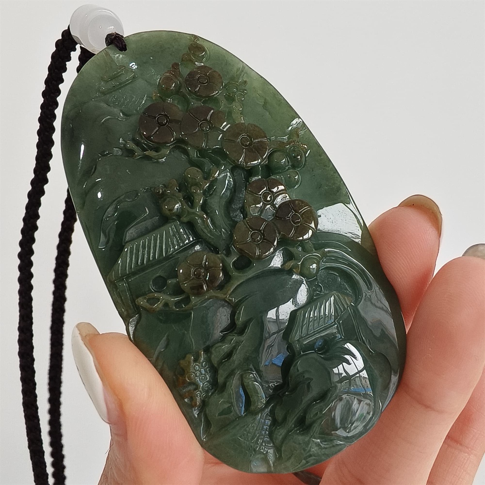 DDP | 75.5X42.6X9mm Natural Certificated Type A Icy Dark Green Burmese Jadeite Oval Pendant With Landscape Carved,DIY Jewelry Supplies